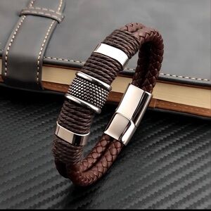 Men's Brown Braided Vegan Leather & Rope Bracelet with Silver Accents